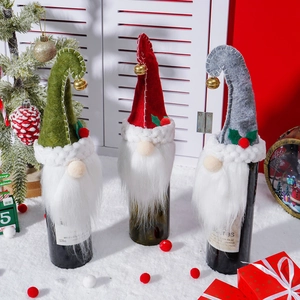 Three-piece Christmas gnome wine bottle covers with bells and plush beard decorations
