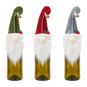 Christmas gnome wine bottle covers set of 3 with bells and beards for holiday decor