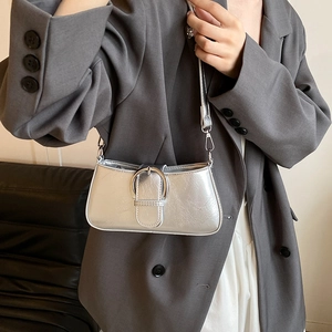 Macro view of metallic silver handbag featuring a horseshoe buckle and glossy texture