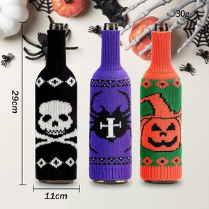 Detailed knit wine bottle covers featuring Halloween motifs and exact 29x11cm dimensions