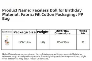 Detailed spec sheet for pink birthday gnome toy showing dimensions and materials