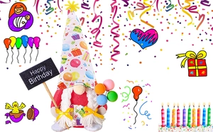 Detailed close-up of a birthday gnome plush with Happy Birthday sign and balloons