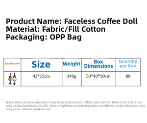Tabella taglie dello gnomo del caffè con dimensioni 43x15cm e dettagli sul peso