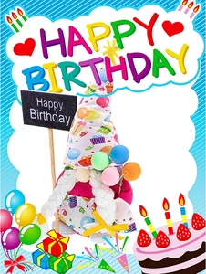 Detail of a birthday gnome plush with balloon-patterned hat and a happy birthday sign