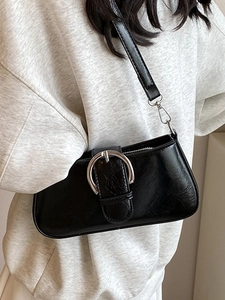 Women's Vintage PU Leather Underarm Bag Minimalist Square Crossbody Bag With Large Silver Buckle Chic Small Shoulder Bag