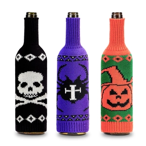 Three-piece Halloween knitted wine bottle covers with skull, spider, and pumpkin designs
