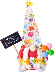 Detail of handmade birthday gnome with colorful balloon bouquet and Happy Birthday sign