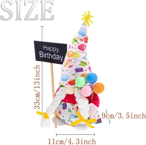 Detailed dimensions of handmade birthday gnome plush with balloons and size annotations
