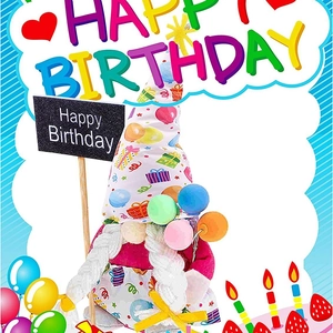 Handmade Birthday Gnome plush with Happy Birthday sign and colorful balloons decorations