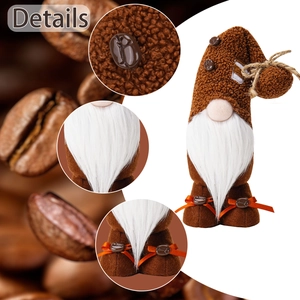 Macro details of gnome plush with coffee bean accents and soft faux fur texture