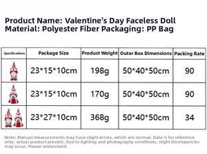 Detailed size and weight specifications for Valentine's Day gnome polyester decorations