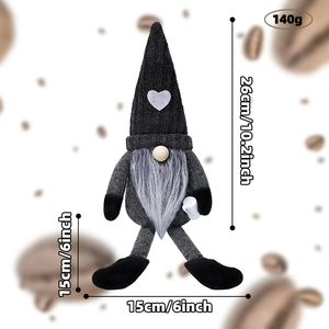 Detail view of coffee gnome plush with size dimensions and heart knit hat specs