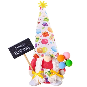Birthday gnome plush with Happy Birthday sign and colorful balloons for festive decoration