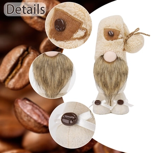 Detail view of coffee gnome plush with bean buttons, faux fur beard, and ribbon bows