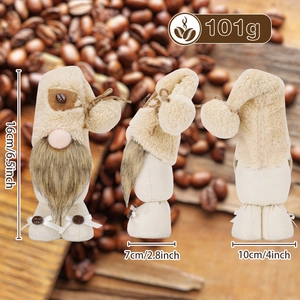 Three-sided view of plush coffee gnome with beans and detailed size measurements