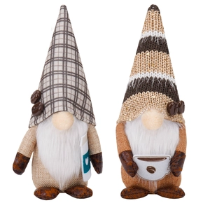 Paire de gnomes café avec chapeaux à carreaux et barbes blanches pour décoration festive
