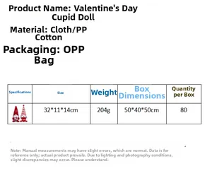 Detailed chart showing Cupid gnome dimensions and material specs for Valentine doll