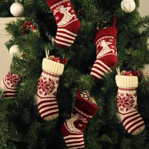 Set of 6 knitted Christmas stockings with reindeer and snowflake patterns for tree decoration