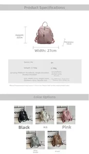 Detailed view of women's multi-functional PU backpack showing dimensions and five color options