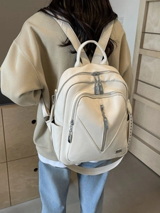 Womens Casual Lychee Grain Synthetic Leather Backpack Versatile Multi-pocket Commuting Daypack With Decorative Woven Shoulder Strap
