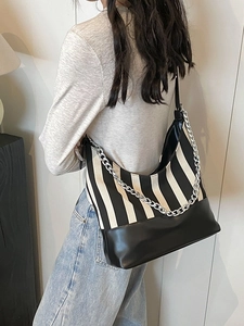 Borsa a Tracolla da Donna in Tela a Strisce PU Catena Argento Trendy Hobo Borsa Sottobraccio Moda Tote Borsa Versatile