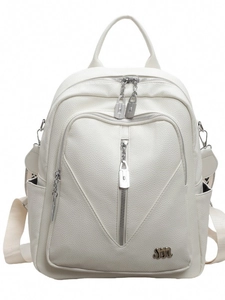 Minimalist white litchi pattern leather backpack with silver zippers and metal m logo