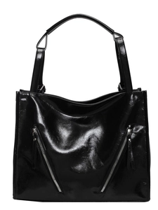 Glossy black large capacity tote bag with double front zippers and wide straps