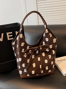 Large Capacity Canvas Shoulder Bag White Number Print Bow Knot Synthetic Leather Base Fashion Women Commute Tote Bag