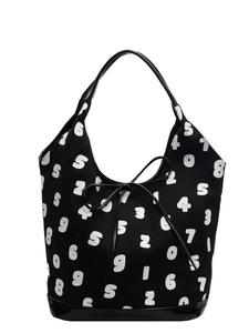Chic black canvas tote bag with white number prints and bow tie closure for women