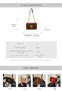 Spécifications de taille pour sac bandoulière matelassé en cuir PU 23x14x8cm