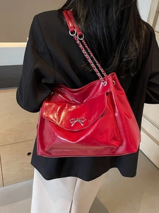 Women Fashion Bow Tote Bag Large Capacity PU Leather Shoulder Bag With Metal Chain Commuter Office Handbag For Lady