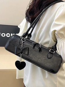 Sac Sous le Bras Baguette Vintage en Similicuir PU pour Femme Avec Pendentif Cœur et Nœud Sac à Main Tendance pour le Quotidien
