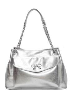 Silver tote bag with metallic crinkle texture, bow detail and elegant chain strap