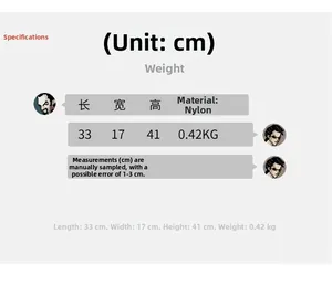 Detailed size chart showing 33x17x41cm dimensions and nylon material for the backpack