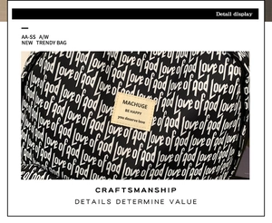 Detailed close-up of canvas texture with Love of God print and woven logo label