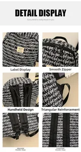 Detail view of reinforced stitching, metal zippers and straps on black letter print backpack