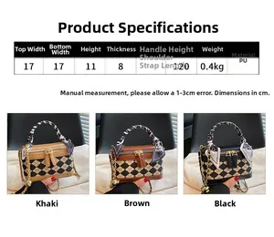 Detailed size specifications and color options for the checkered box crossbody bag