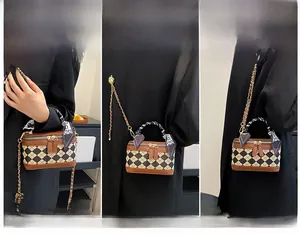Detailed views of the argyle quilted box bag showing crossbody, handheld, and shoulder styles