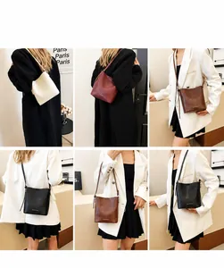 Viste dettagliate della borsa a secchiello minimalista in pelle in diversi colori