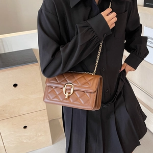 Detailed view of brown quilted crossbody bag with gold hardware and metal chain strap
