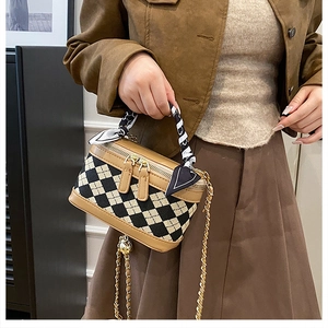 Close-up of checkered chain bag with silk scarf detail and golden metallic zippers