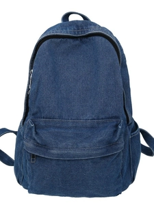 Large capacity dark blue denim backpack with white stitching and multiple pockets