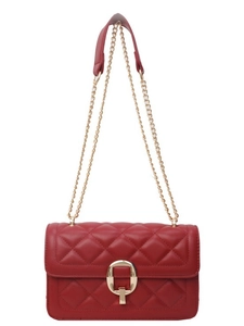 Red quilted crossbody bag with gold chain strap and geometric metal buckle decoration