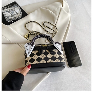 Detail of argyle mini bag with scarf-wrapped handle and golden chain strap