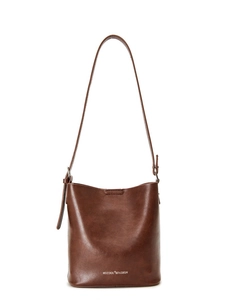 Borsa a secchiello minimalista in pelle marrone scuro con tracolla regolabile per donna
