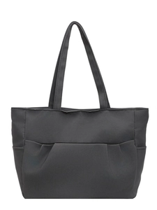 Black large capacity tote bag with front pocket and side compartments for daily commuting