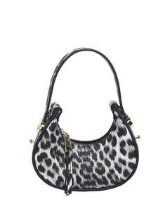 Chic crescent-shaped handbag with black and white leopard pattern and golden hardware