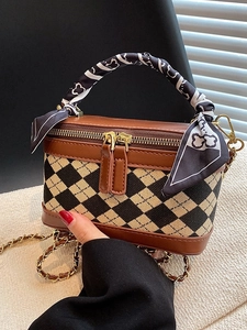 Vintage Rhombic Chain Crossbody Bag For Women Luxury PU Leather Box Handbag With Satin Scarf Handle Fashion Daily Purse