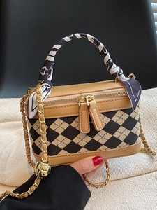 Mini checkered box handbag with gold chain strap and silk scarf handle decoration