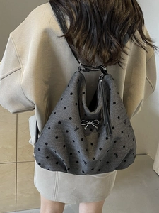 Sac à Dos Femme Mode en Toile à Pois et Nœud Grande Capacité Sac Bandoulière Multifonctionnel Cabas Décontracté pour Voyages Quotidiens